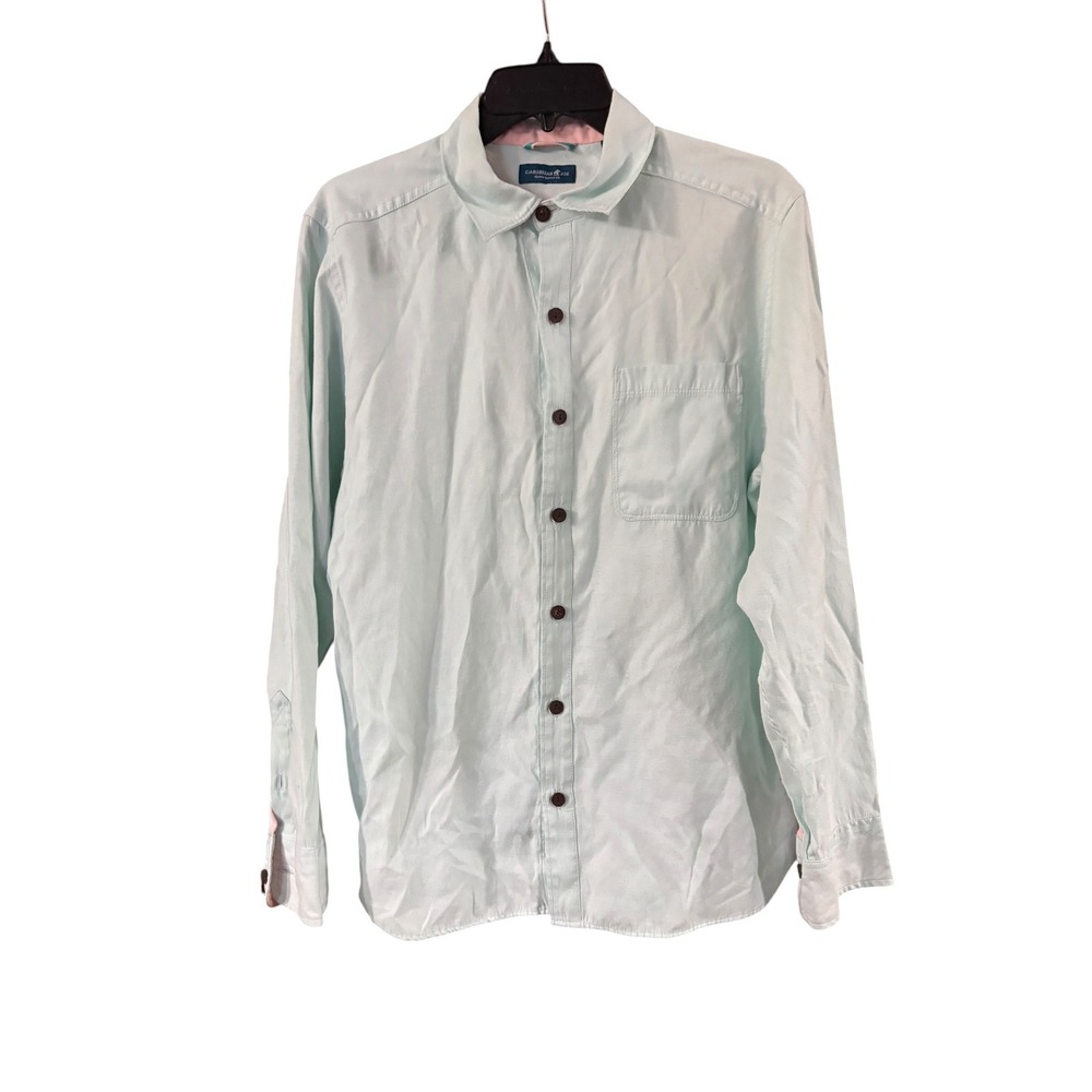 Caribbean Joe Mens Small Mint Green Linen Blend Long Sleeve Button Down Shirt